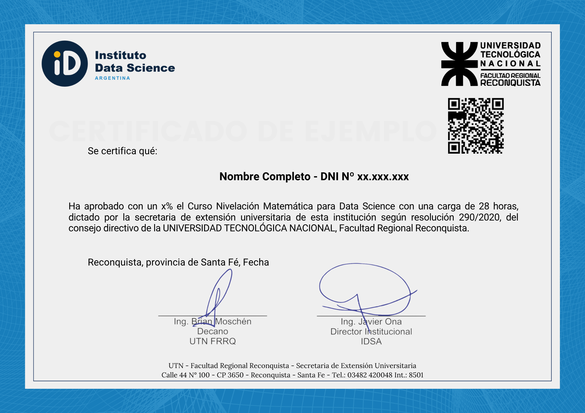Certificado de aprobación del curso Nivelación Matemática para Data Science con doble aval Instituto Data Science Argentina y UTN Facultad Regional Reconquista